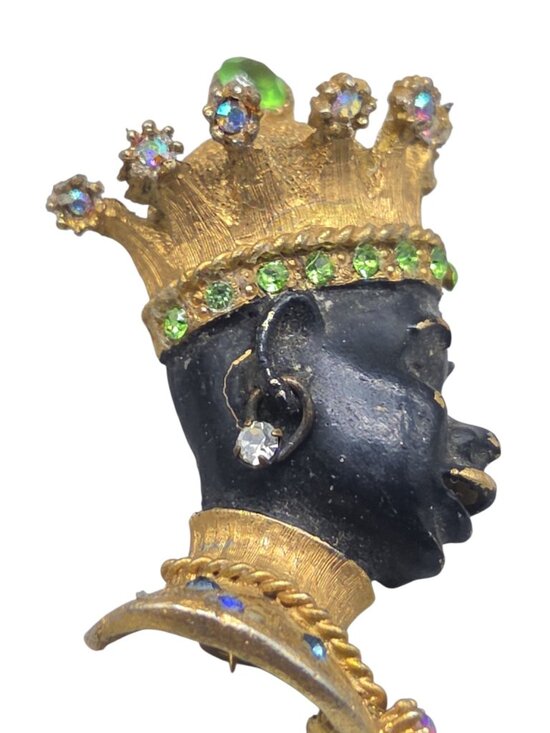 Unknown Jewelry - Vintage Blackamoor Jeweled Crown Figural Brooch Rhinestone Couture Estate Piece